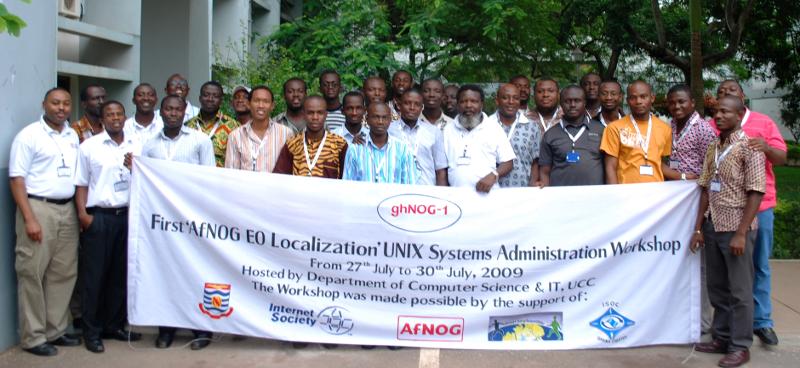 Group picture of participants at the First AfNOG EO localization workshop held at the University of Cape Coast